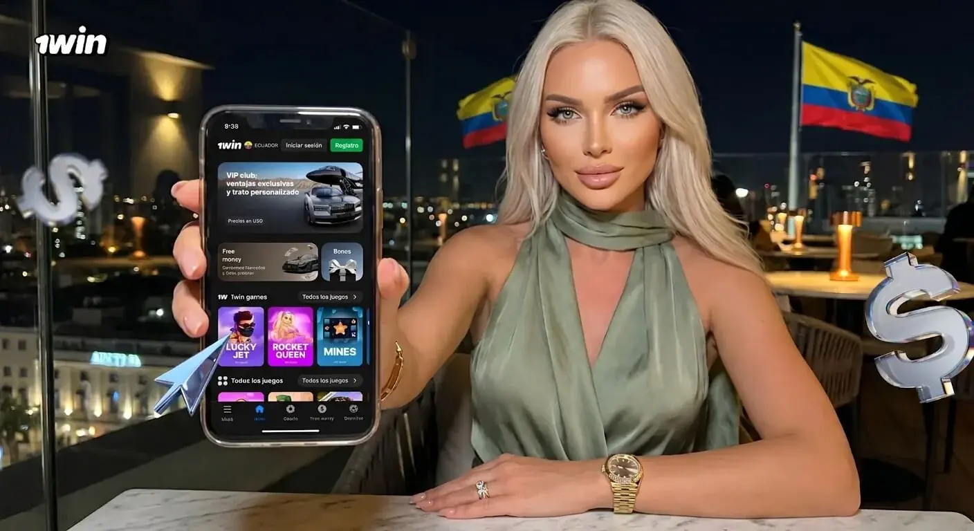 Mujer sentada en una terraza de noche que muestra en su celular la app de 1win Ecuador, con banderas de Ecuador al fondo y símbolos del dólar a los lados